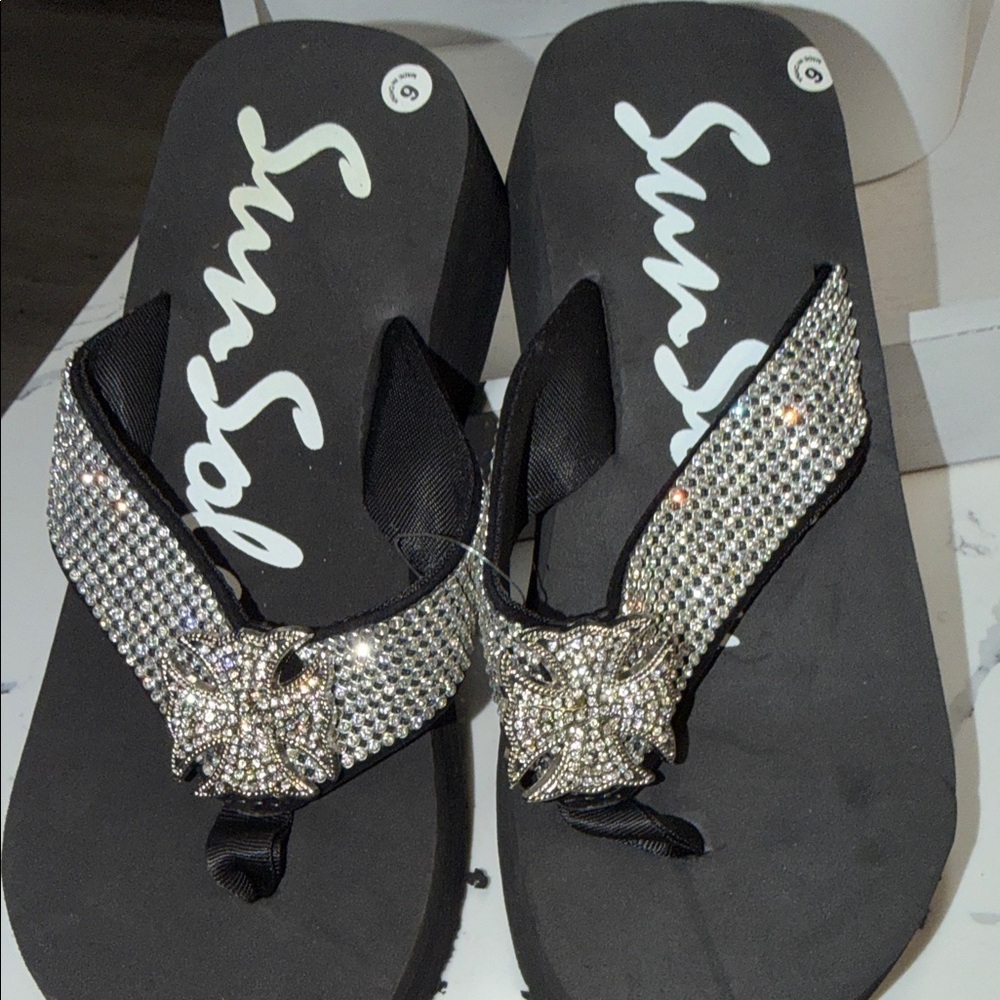 Black Crystal-Embellished Flip Flop Sandals
